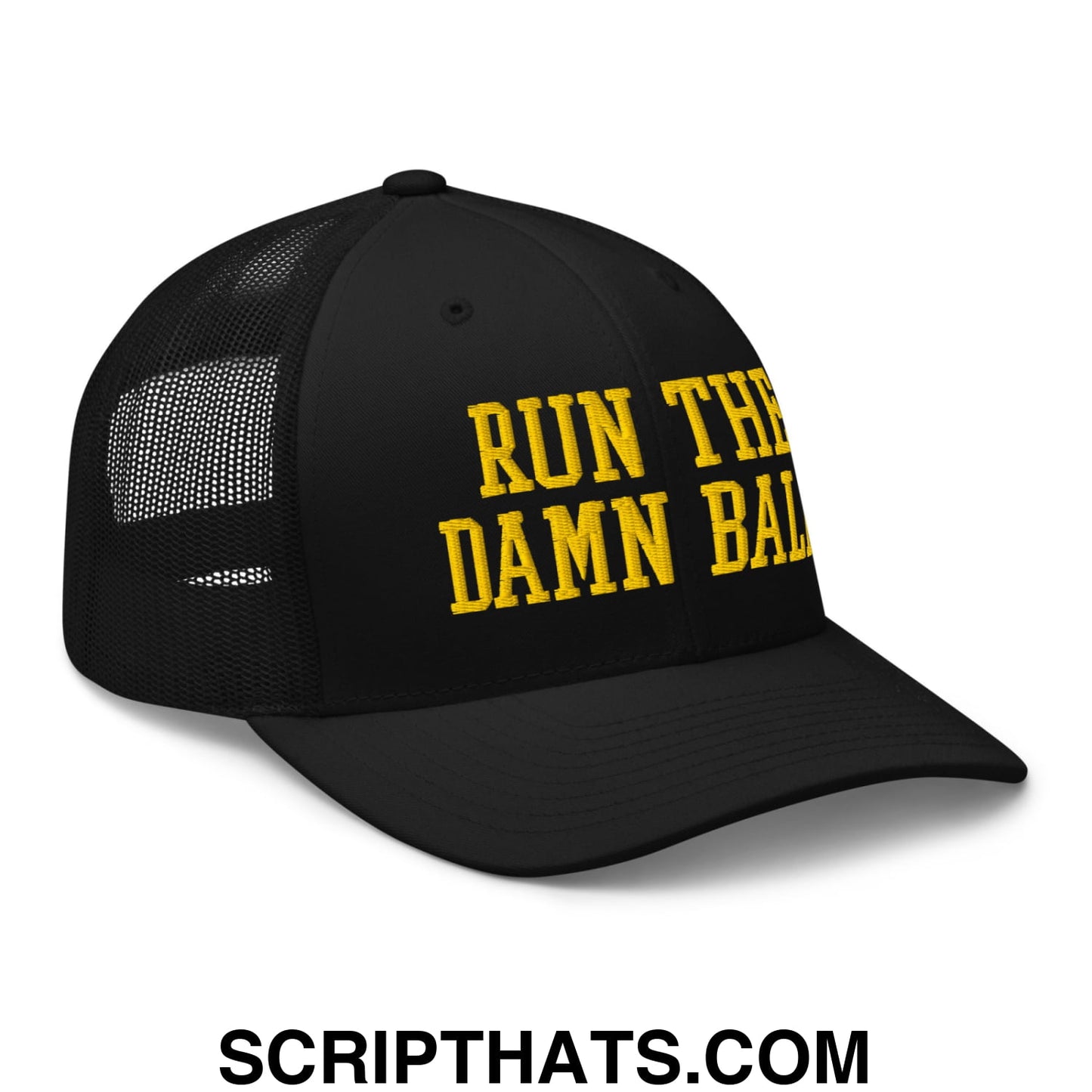 Run The Damn Ball Yellow Embroidered Mesh Trucker Hat Black