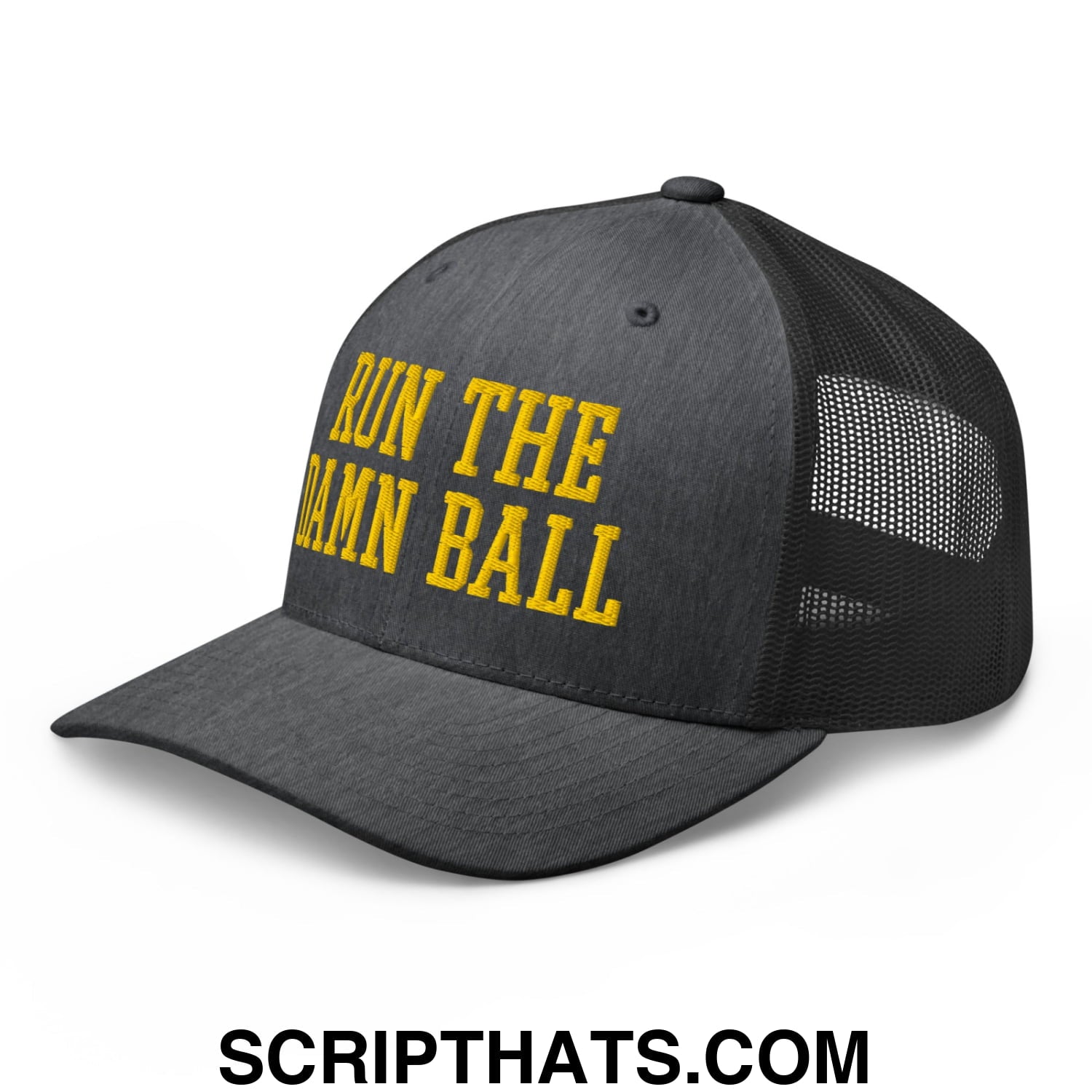 Run The Damn Ball Yellow Embroidered Mesh Trucker Hat Dark Heather Gray