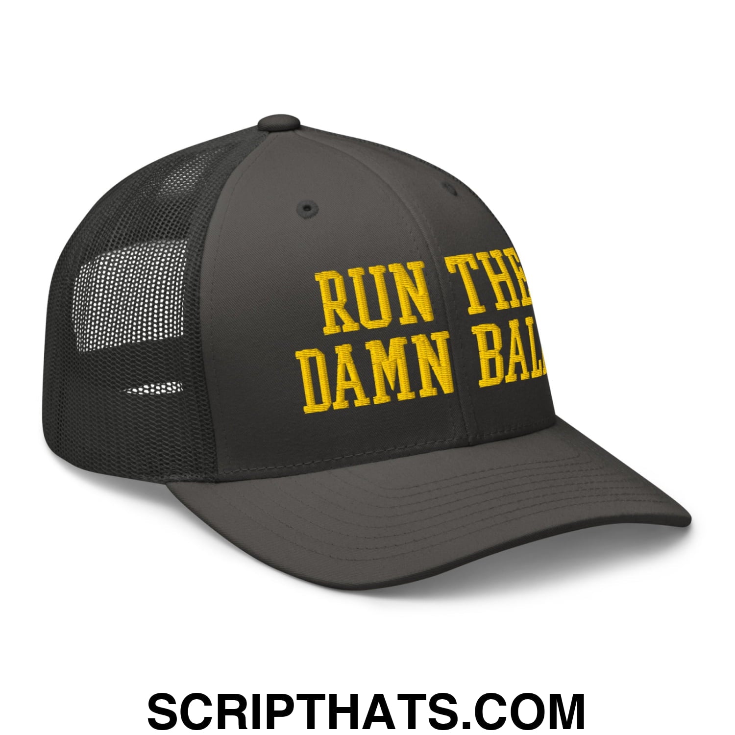 Run The Damn Ball Yellow Embroidered Mesh Trucker Hat Charcoal