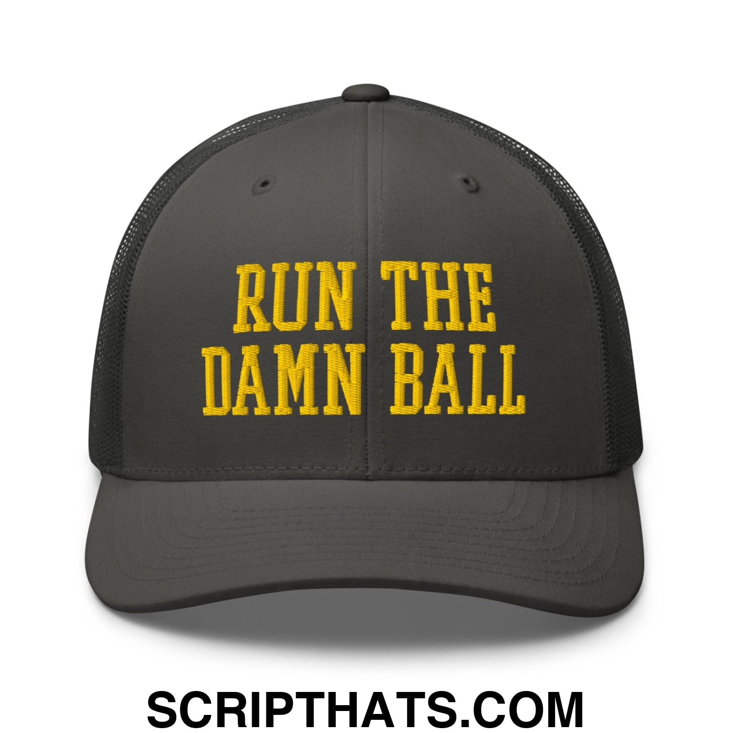Run The Damn Ball Yellow Embroidered Mesh Trucker Hat Charcoal
