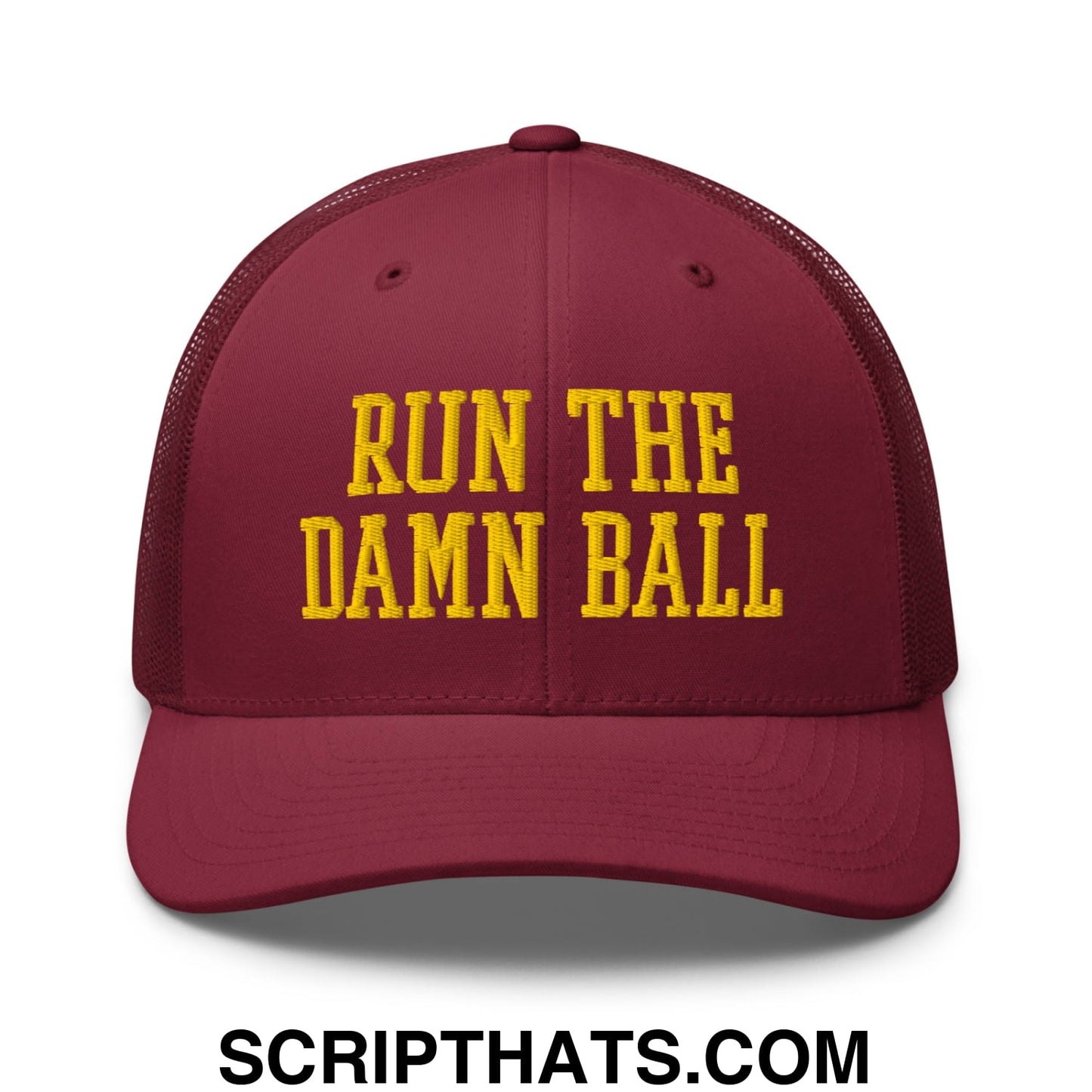 Run The Damn Ball Yellow Embroidered Mesh Trucker Hat Cranberry