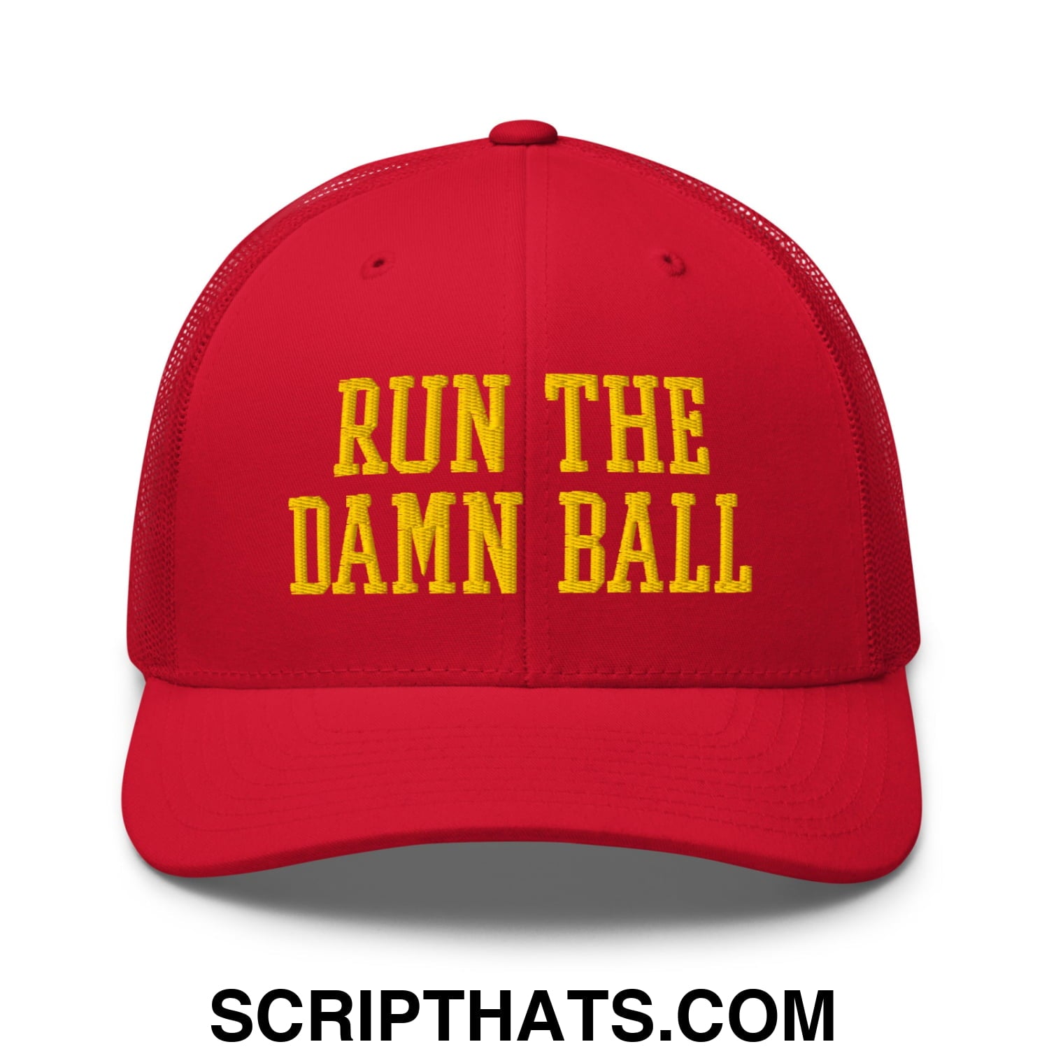 Run The Damn Ball Yellow Embroidered Mesh Trucker Hat Red