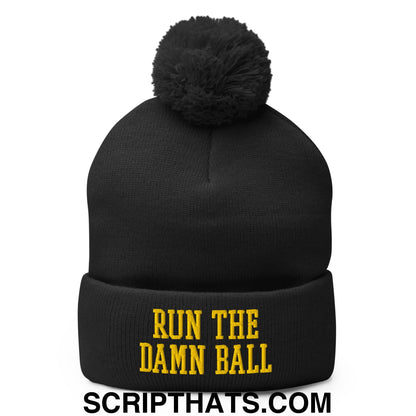 Run The Damn Ball Yellow Embroidered Pom Pom Knit Beanie Black