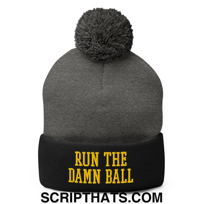Run The Damn Ball Yellow Embroidered Pom Pom Knit Beanie Dark Heather Grey Black
