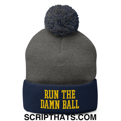 Run The Damn Ball Yellow Embroidered Pom Pom Knit Beanie Dark Heather Grey Navy