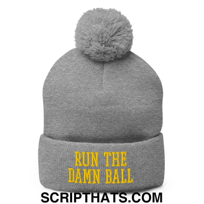 Run The Damn Ball Yellow Embroidered Pom Pom Knit Beanie Heather Grey