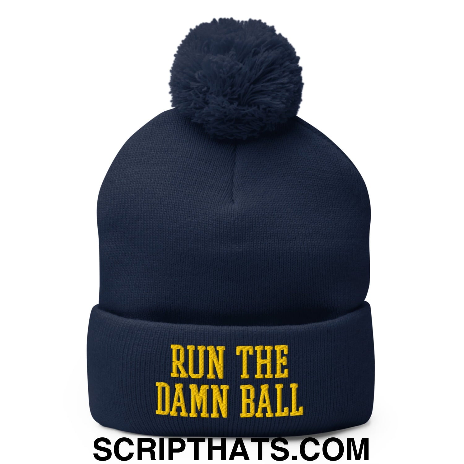 Run The Damn Ball Yellow Embroidered Pom Pom Knit Beanie Navy