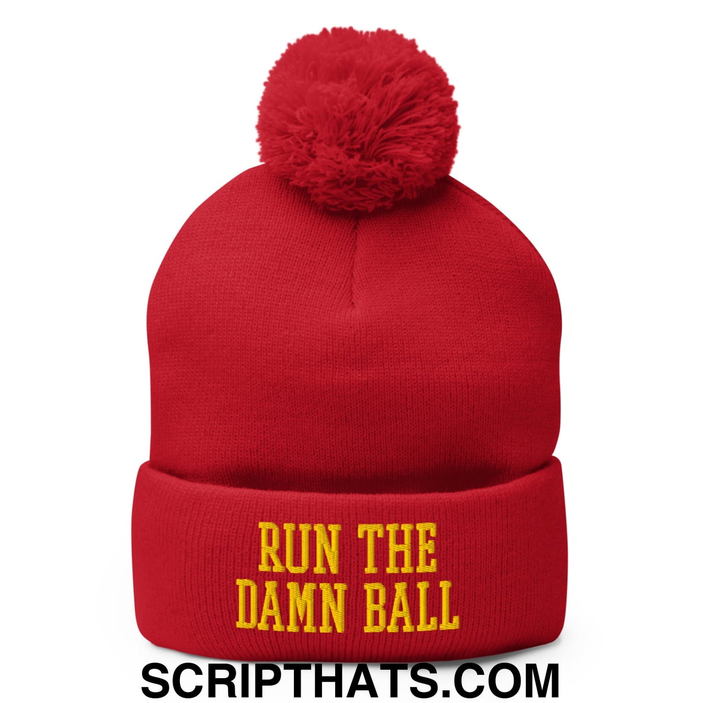 Run The Damn Ball Yellow Embroidered Pom Pom Knit Beanie Red