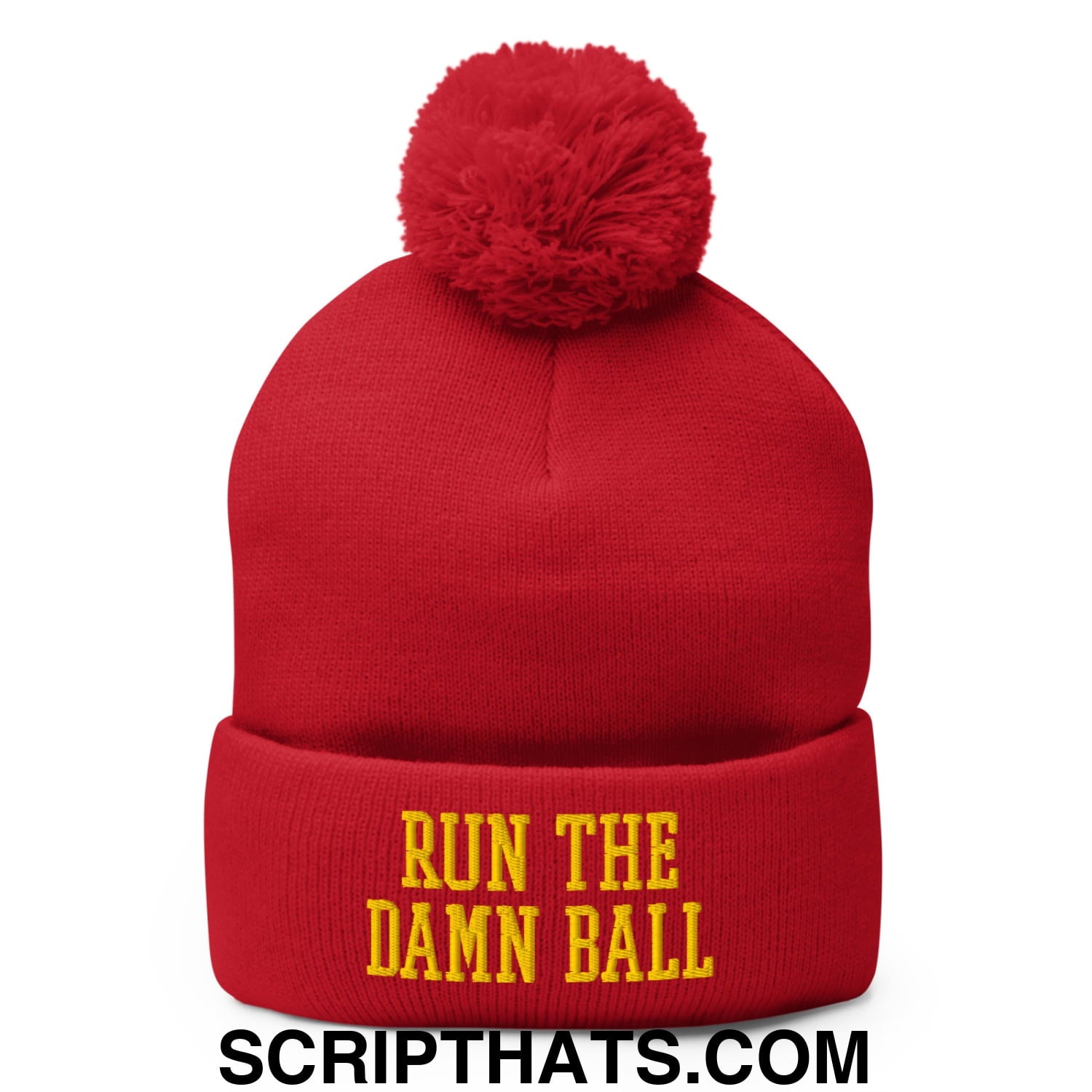 Run The Damn Ball Yellow Embroidered Pom Pom Knit Beanie Red