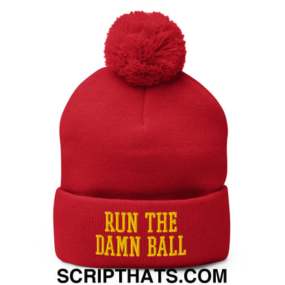 Run The Damn Ball Yellow Embroidered Pom Pom Knit Beanie Red