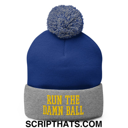 Run The Damn Ball Yellow Embroidered Pom Pom Knit Beanie Royal Heather Grey