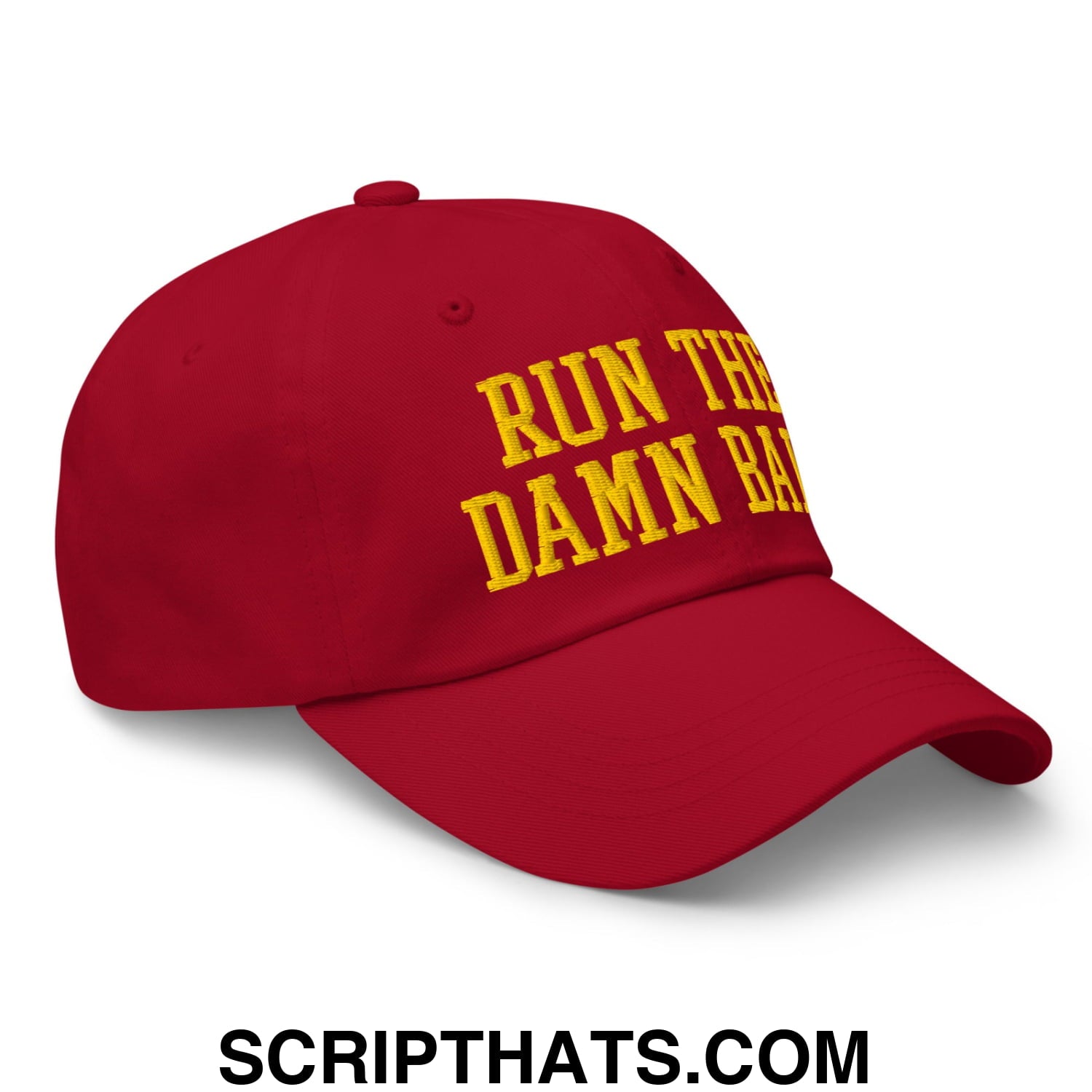 Run The Damn Ball Yellow Embroidered Unstructured Dad Hat Cranberry