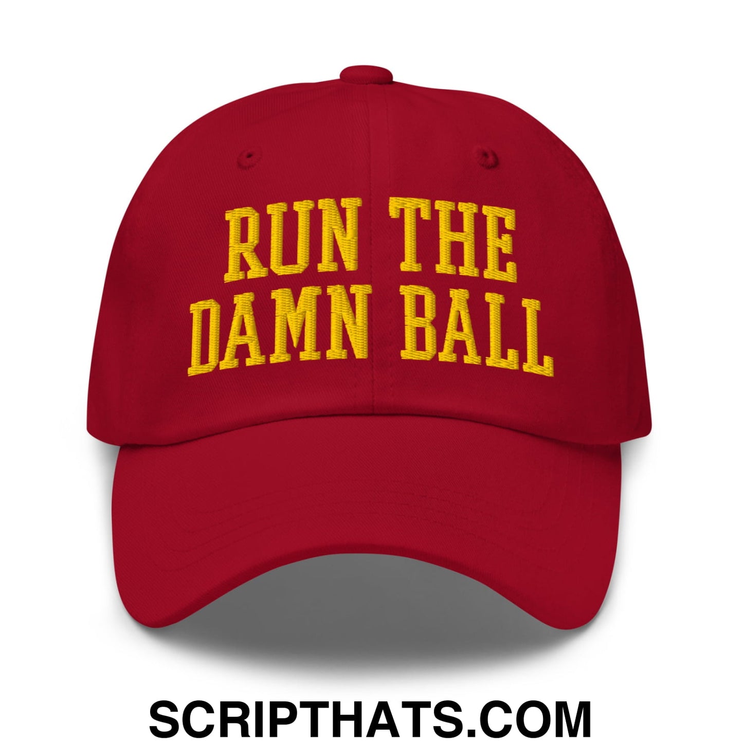 Run The Damn Ball Yellow Embroidered Unstructured Dad Hat Cranberry