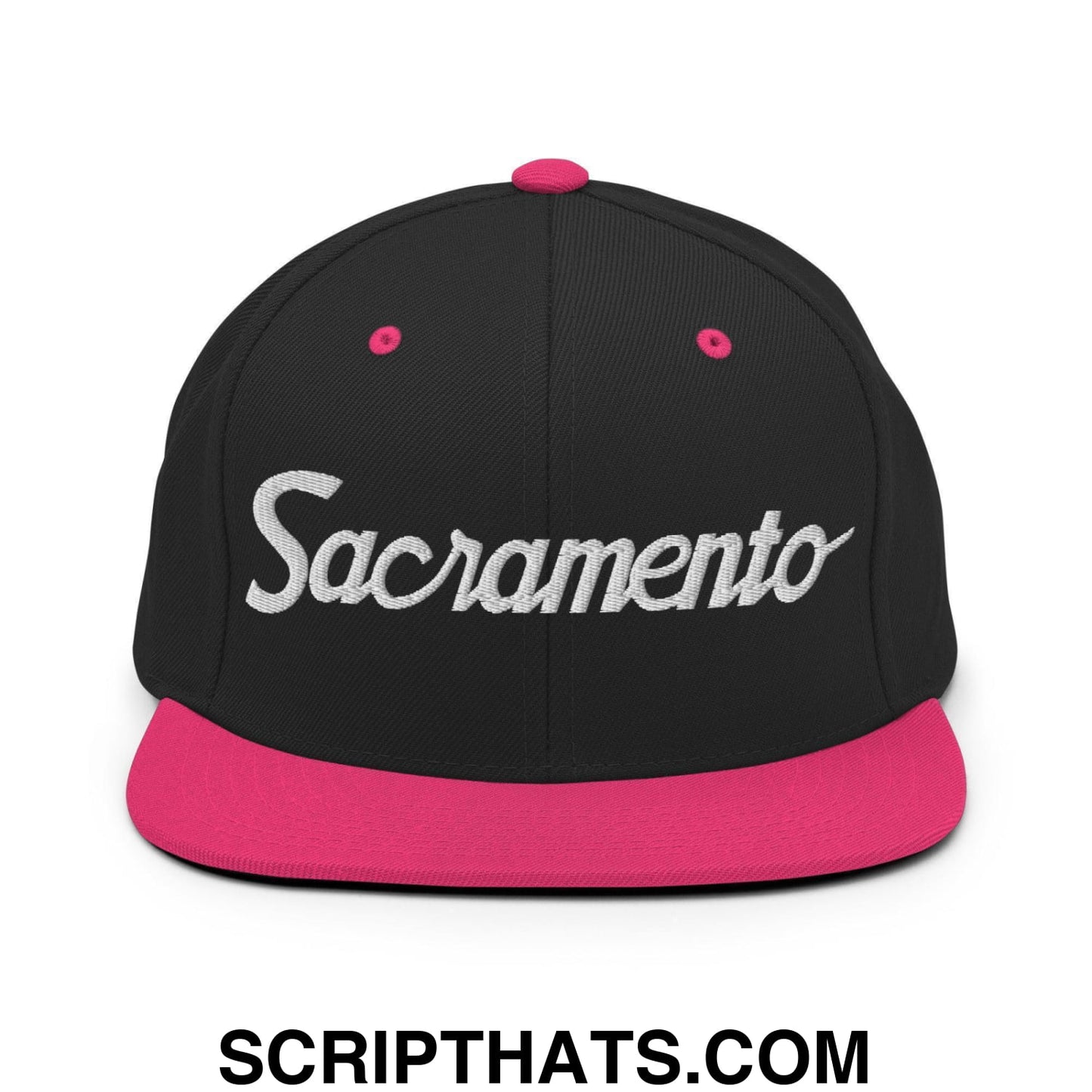 Sacramento Script Snapback Hat Black Neon Pink