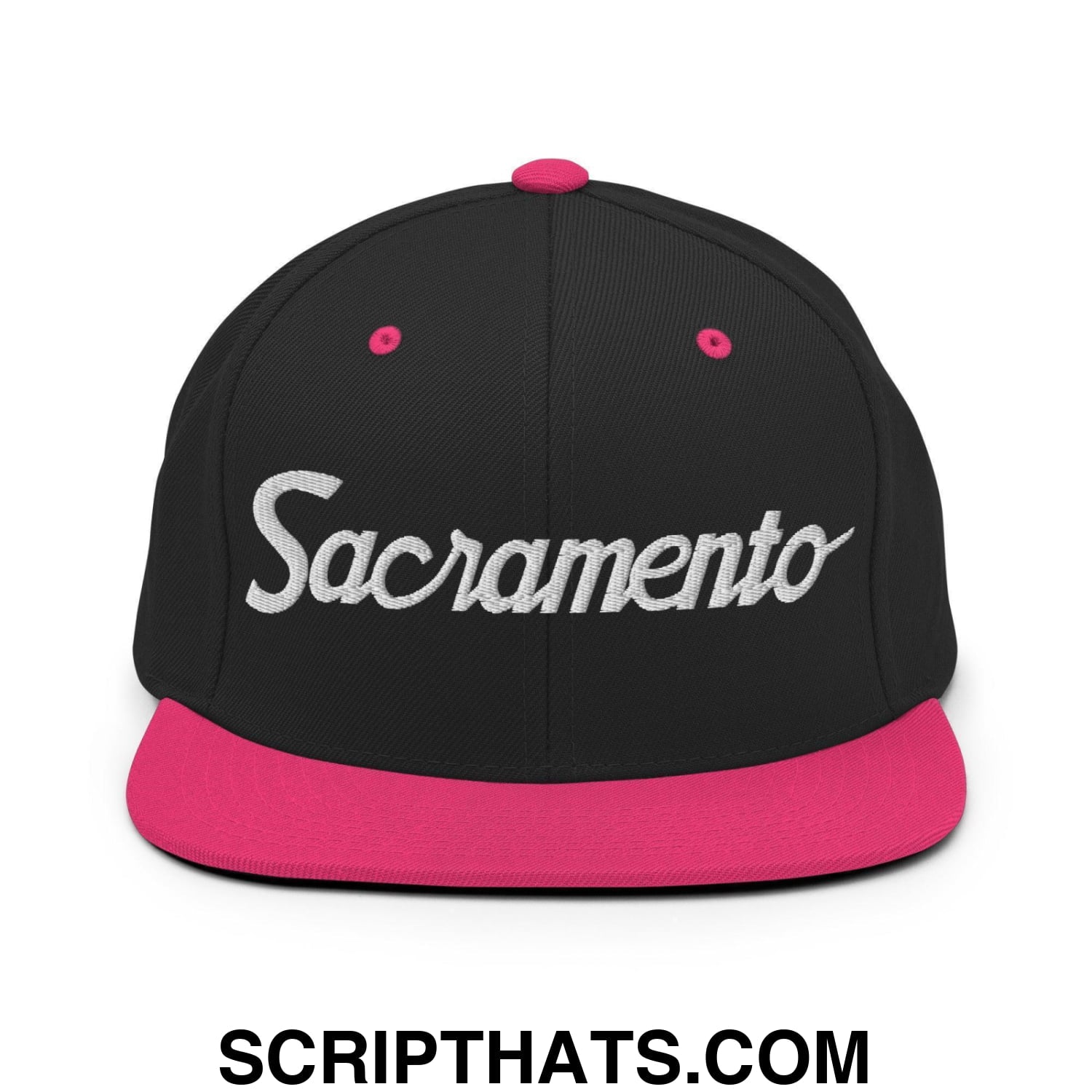 Sacramento Script Snapback Hat Black Neon Pink