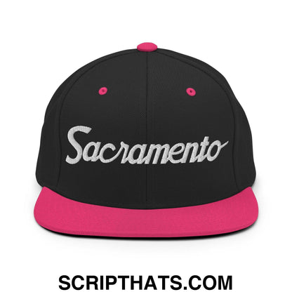 Sacramento Script Snapback Hat Black Neon Pink