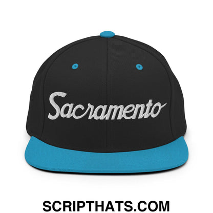 Sacramento Script Snapback Hat Black Teal