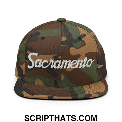 Sacramento Script Snapback Hat Green Camo