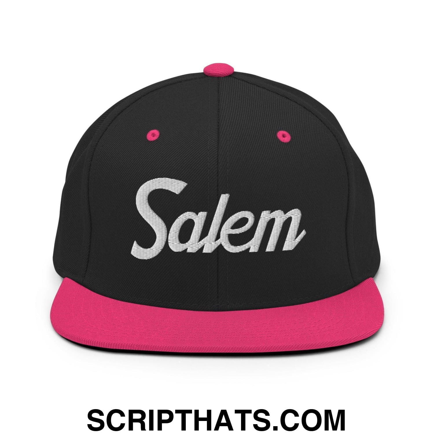 Salem Script Snapback Hat Black Neon Pink