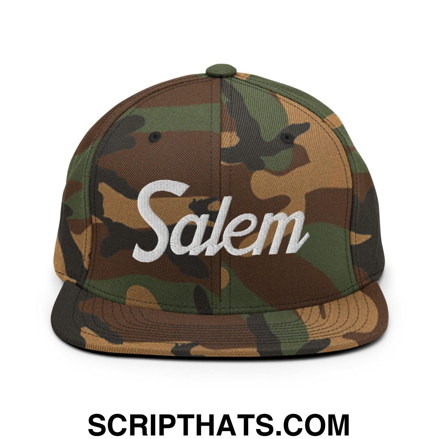 Salem Script Snapback Hat Green Camo