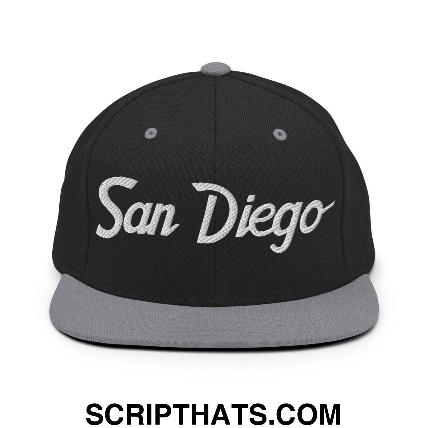 San Diego Script Snapback Hat Black Silver