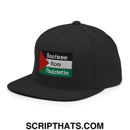 Black snapback cap with embroidered palestinian flag patch and saoirse don phalaistin text on flat bill brim