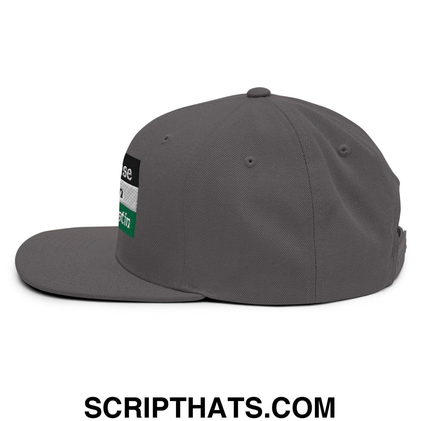 Gray Saoirse don Phalaistin snapback hat with a flat bill and a rectangular patch of black white and green stripes