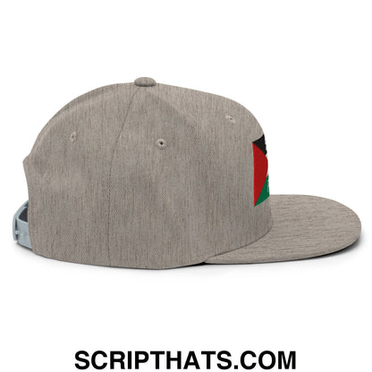 Gray heathered snapback cap with red black and green patch on the side embroidered flat bill brim hat