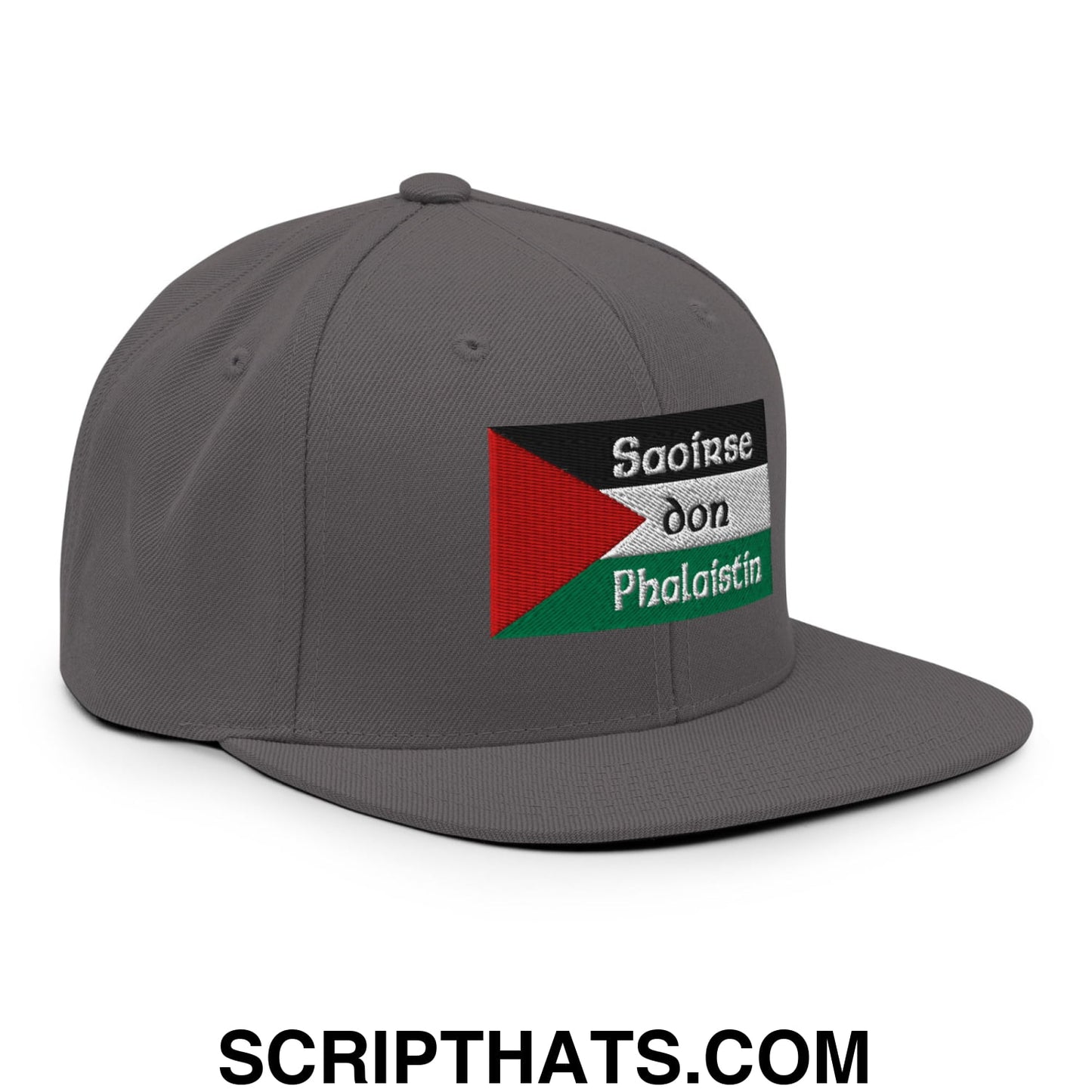 Gray flat bill snapback hat with embroidered Palestinian flag and white saoirse don phalaistin text