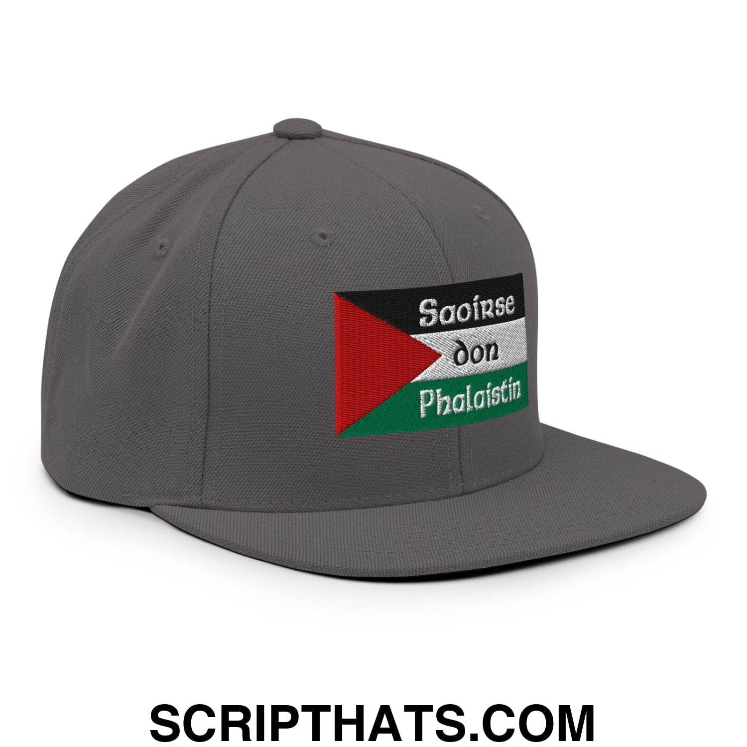 Gray flat bill snapback hat with embroidered Palestinian flag and white saoirse don phalaistin text