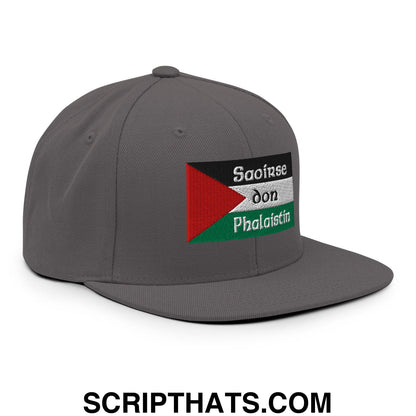 Gray flat bill snapback hat with embroidered Palestinian flag and white saoirse don phalaistin text