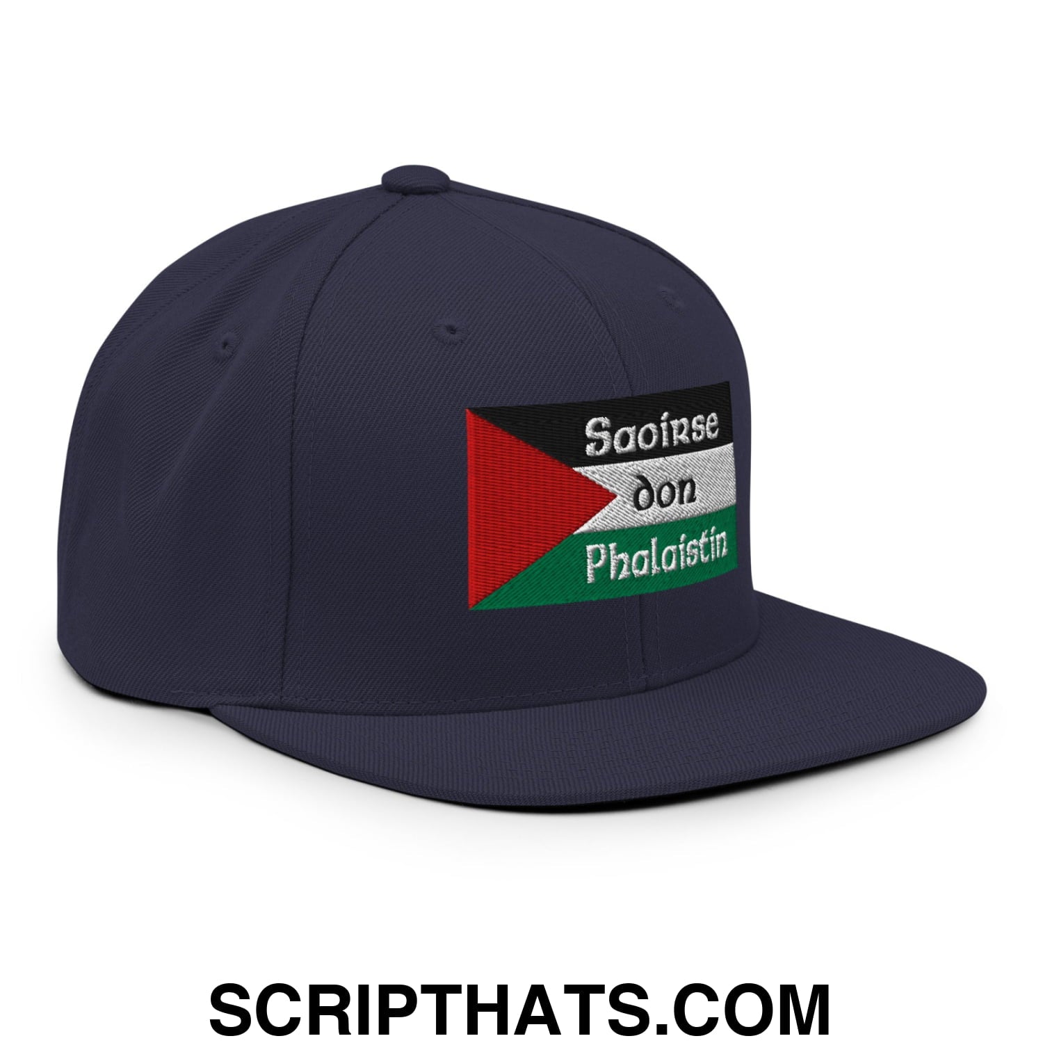 Navy blue snapback hat with embroidered palestinian flag patch and white saoirse don phalaistin lettering