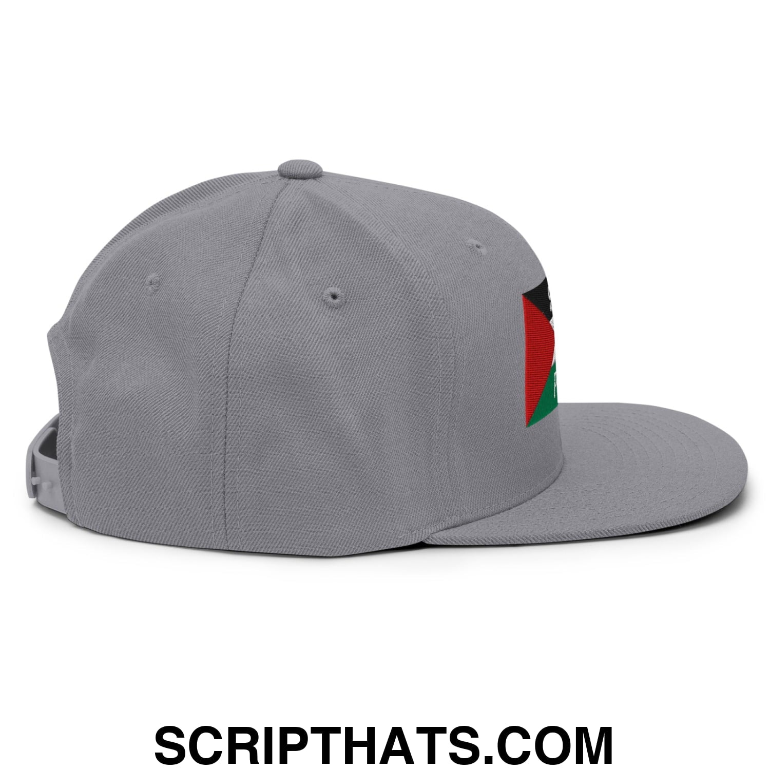 Gray snapback cap with red black and green flag patch on the side embroidered flat bill brim hat saoirse don phalaistin