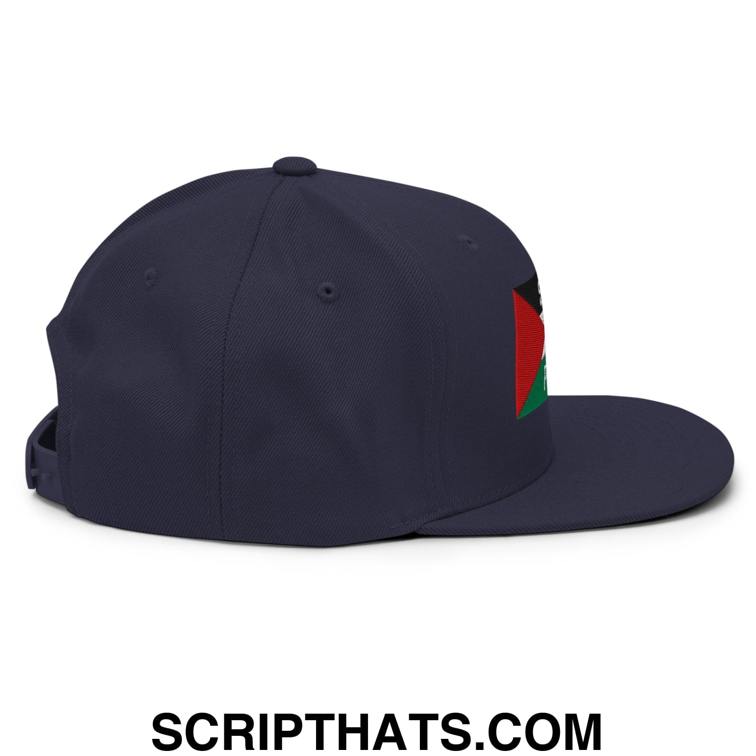Navy blue snapback hat with embroidered palestinian flag on the side featuring a flat bill brim design
