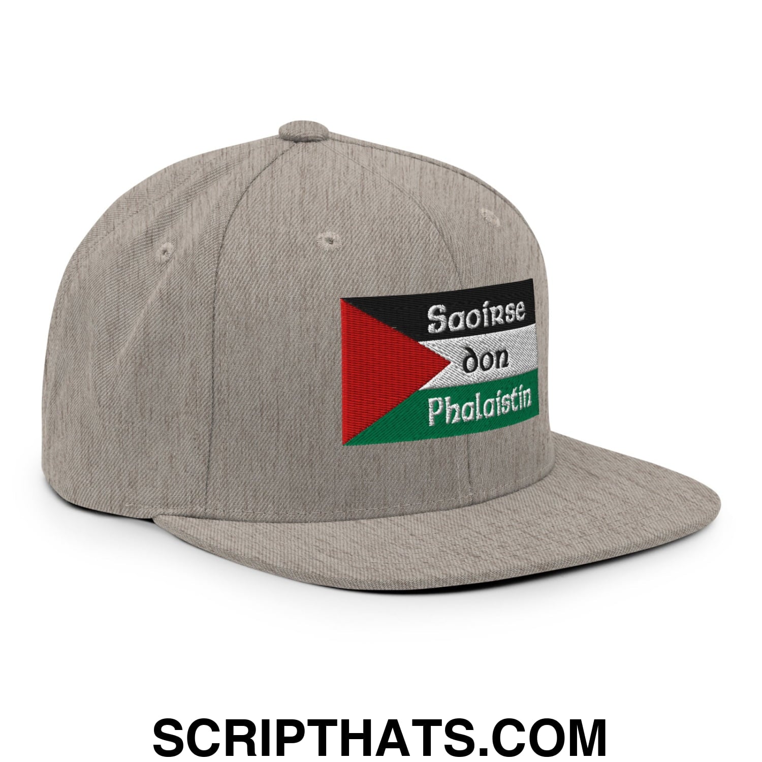 Gray snapback hat with embroidered palestinian flag patch and white and green saoirse don phalaistin text