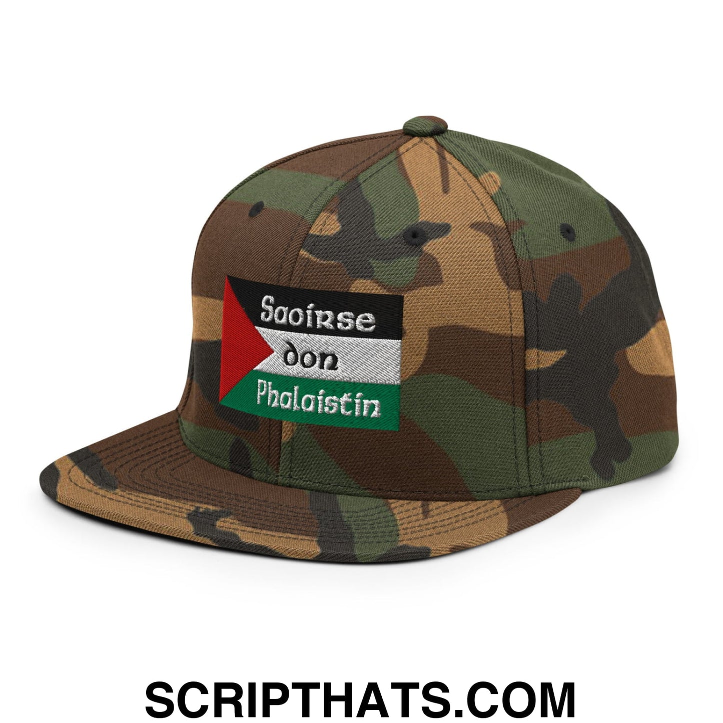 Camouflage snapback cap with palestinian flag embroidered patch and irish gaelic text flat bill brim