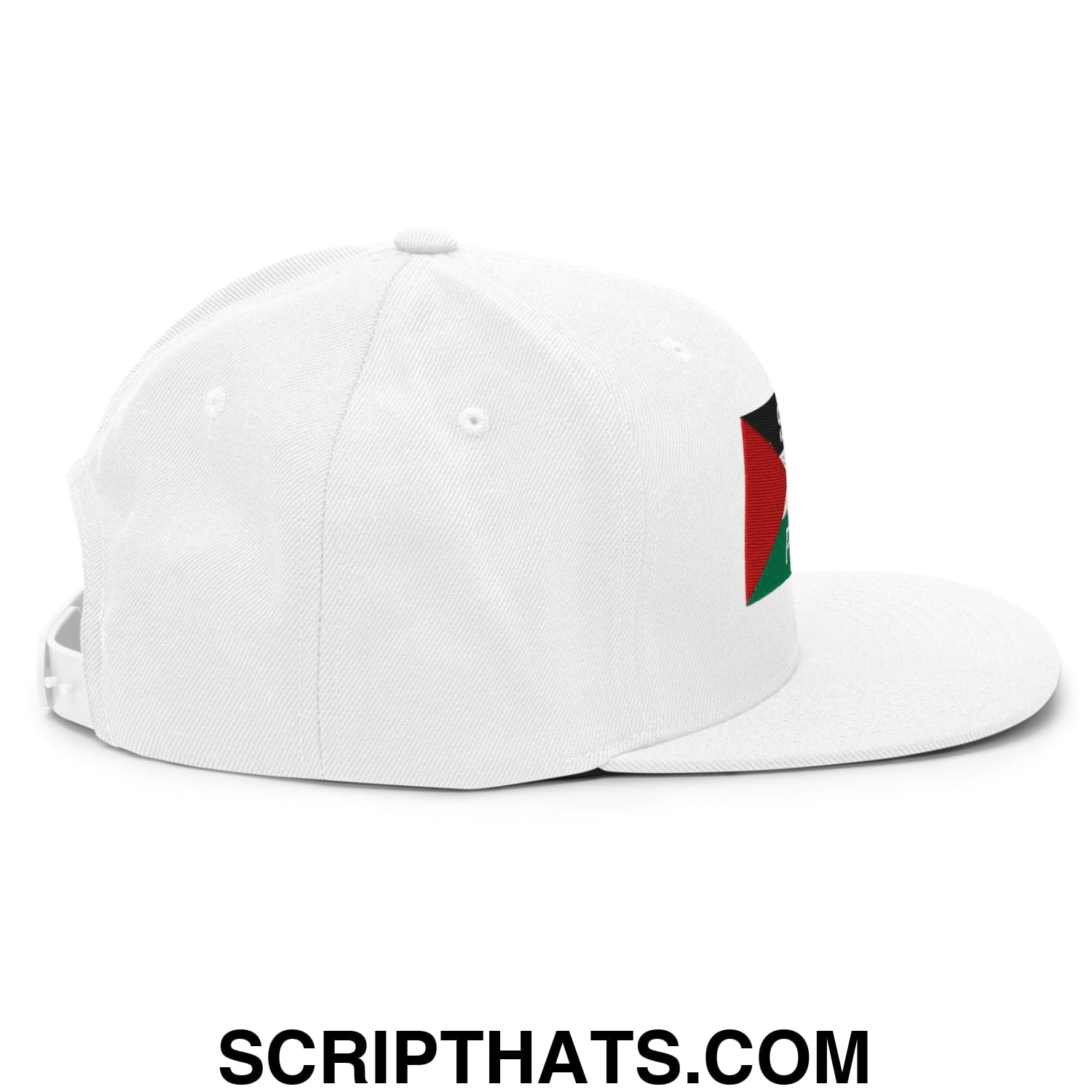 White Saoirse don Phalaistin snapback hat with flat bill and red black green patch on the side