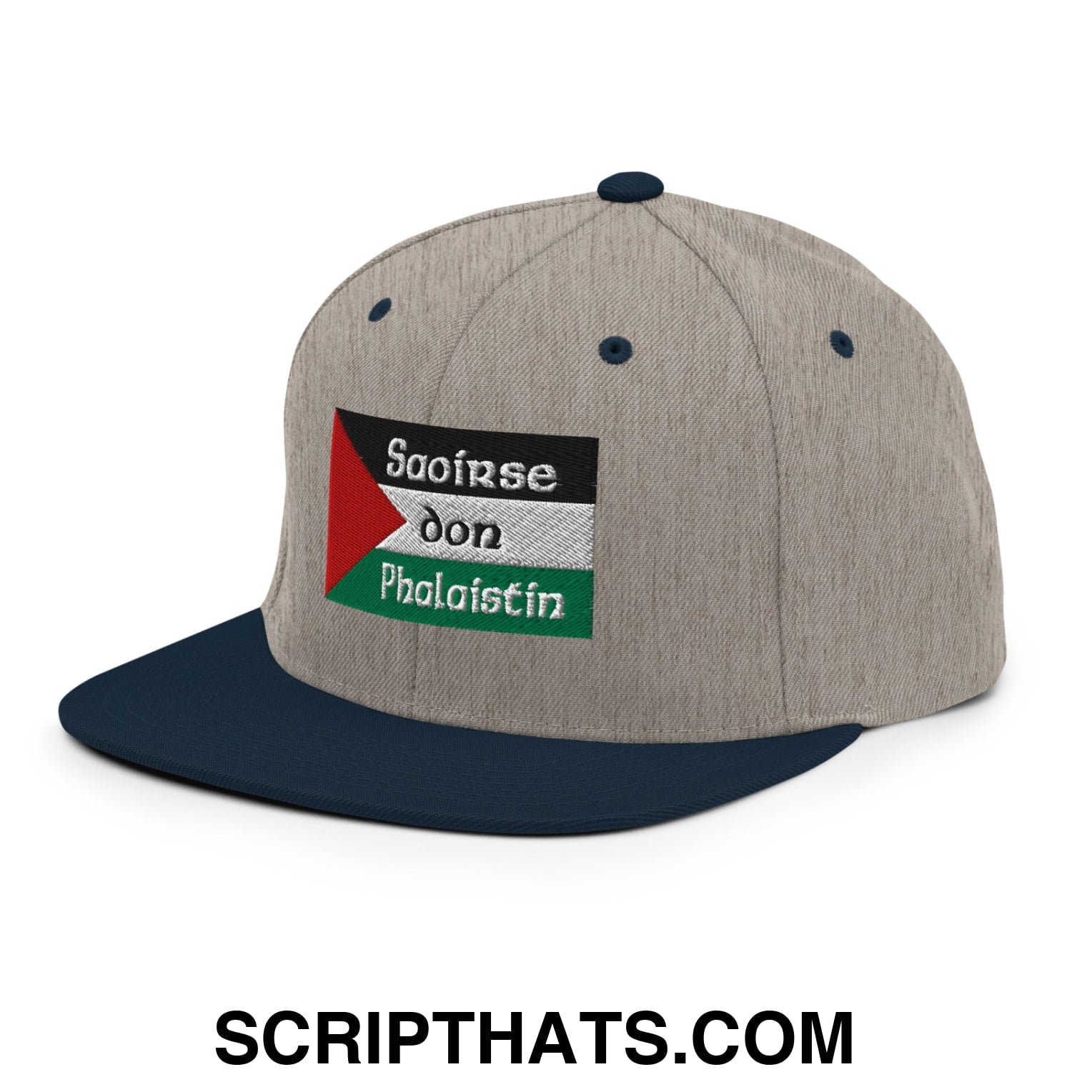 Gray and navy blue snapback hat with flat bill brim featuring embroidered Palestinian flag patch and white Saoirse don Phalaistin text