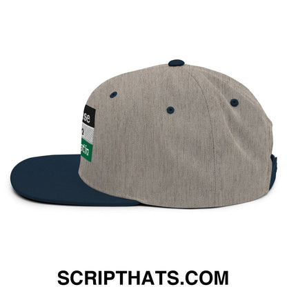 A heather gray saoirse don phalaistin snapback hat with navy brim and a black white green side patch