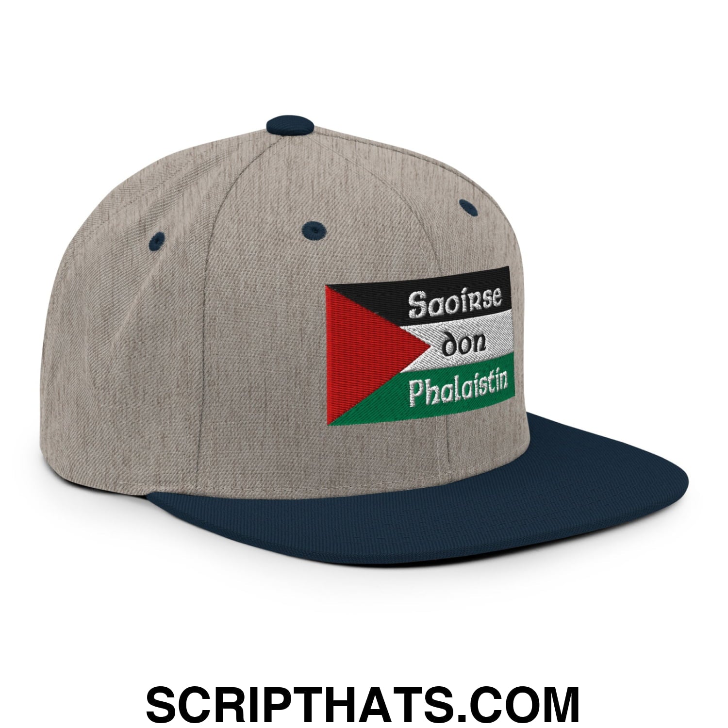 Gray and navy snapback hat with flat bill brim featuring embroidered palestinian flag and saoirse don phalaistin text