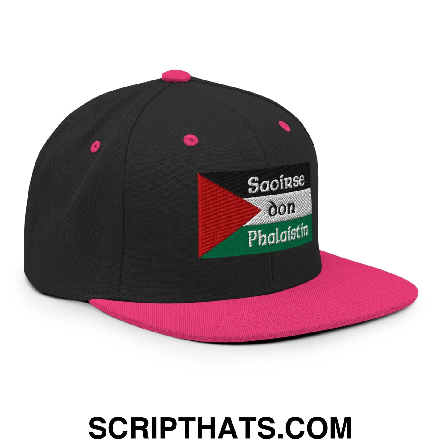 Black snapback hat with vibrant pink flat bill and palestinian flag patch with white saoirse don phalaistin text