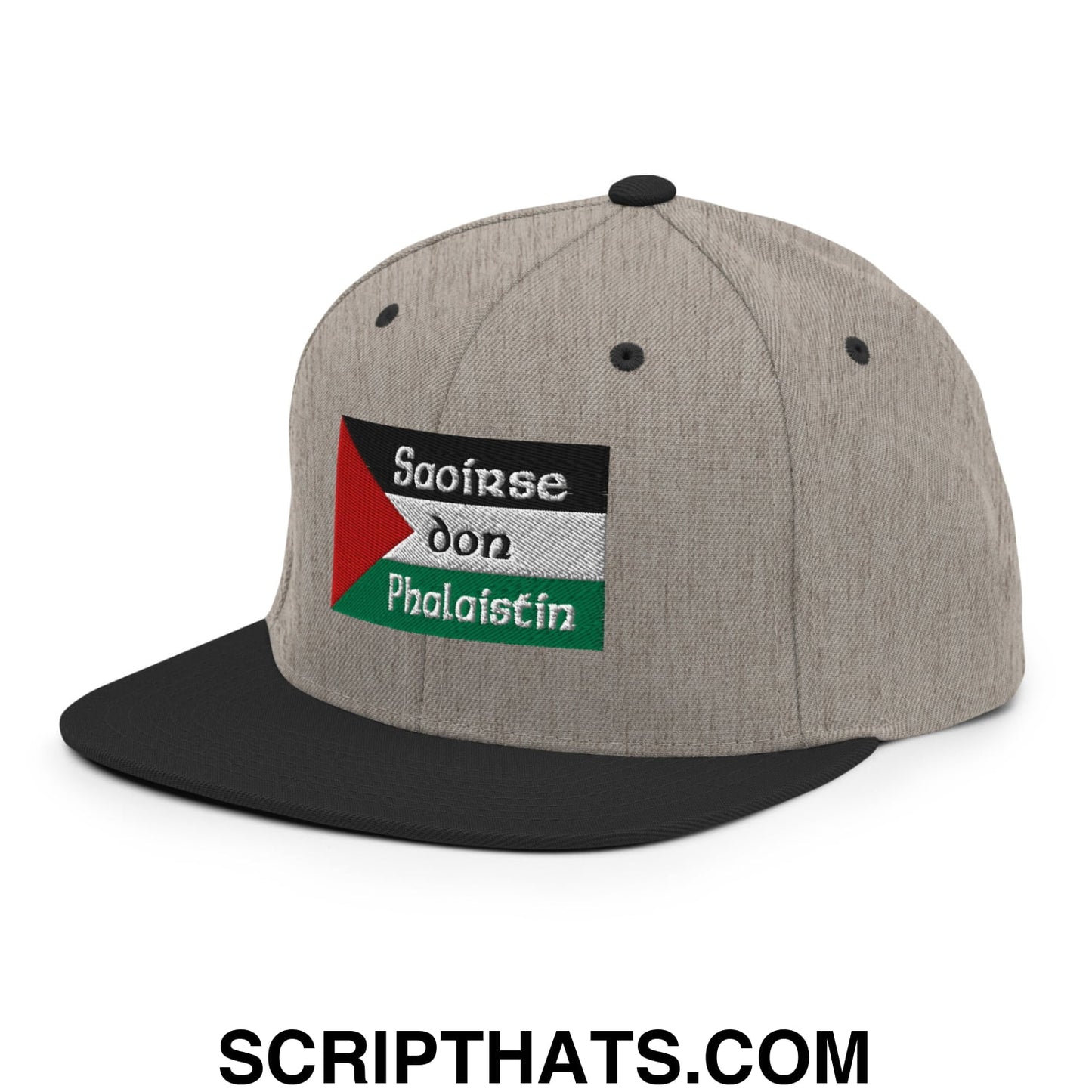 Gray and black snapback hat with flat bill featuring an embroidered palestinian flag and white saoirse don pholaistín text