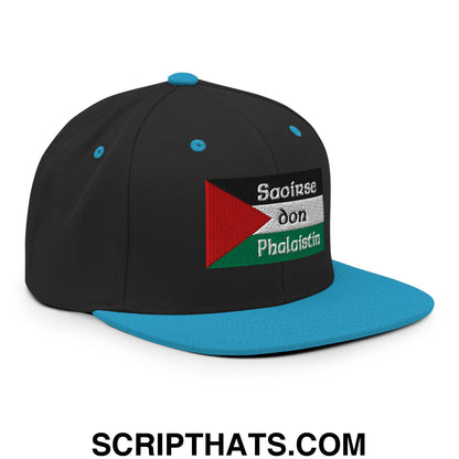 Black snapback hat with teal brim and button embroidered palestinian flag patch and white saoirse don phalaistin text