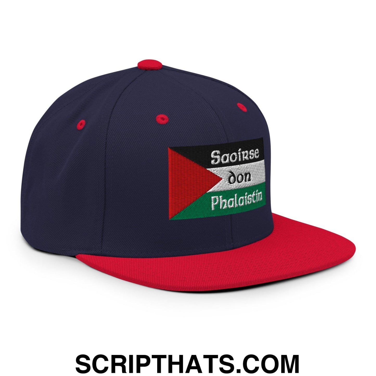 Navy blue flat bill snapback hat with red brim and embroidered palestinian flag patch saying saoirse don phalaistin