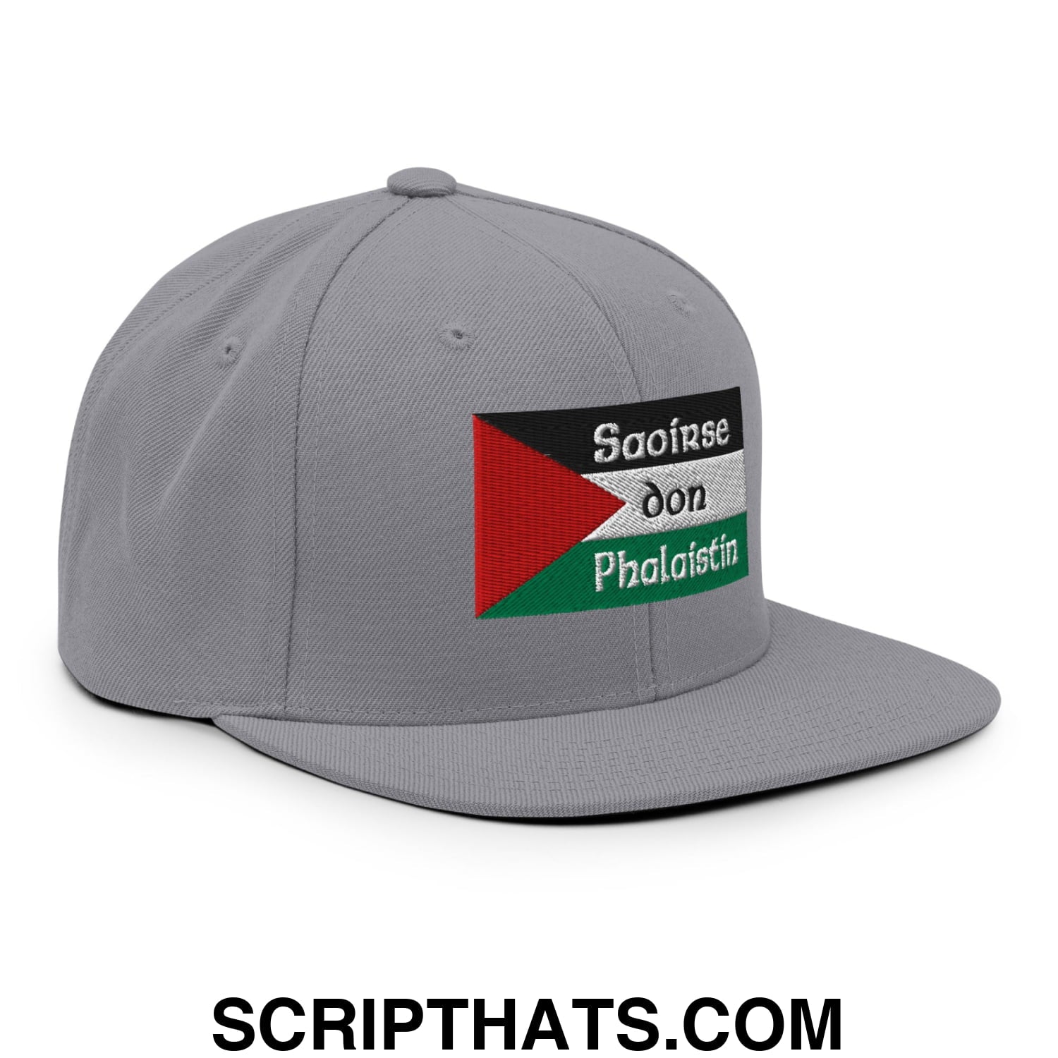 Gray snapback cap with embroidered palestinian flag patch and saoirse don phalaistin text flat bill brim design