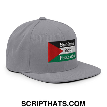 Gray snapback cap with embroidered palestinian flag patch and saoirse don phalaistin text flat bill brim design