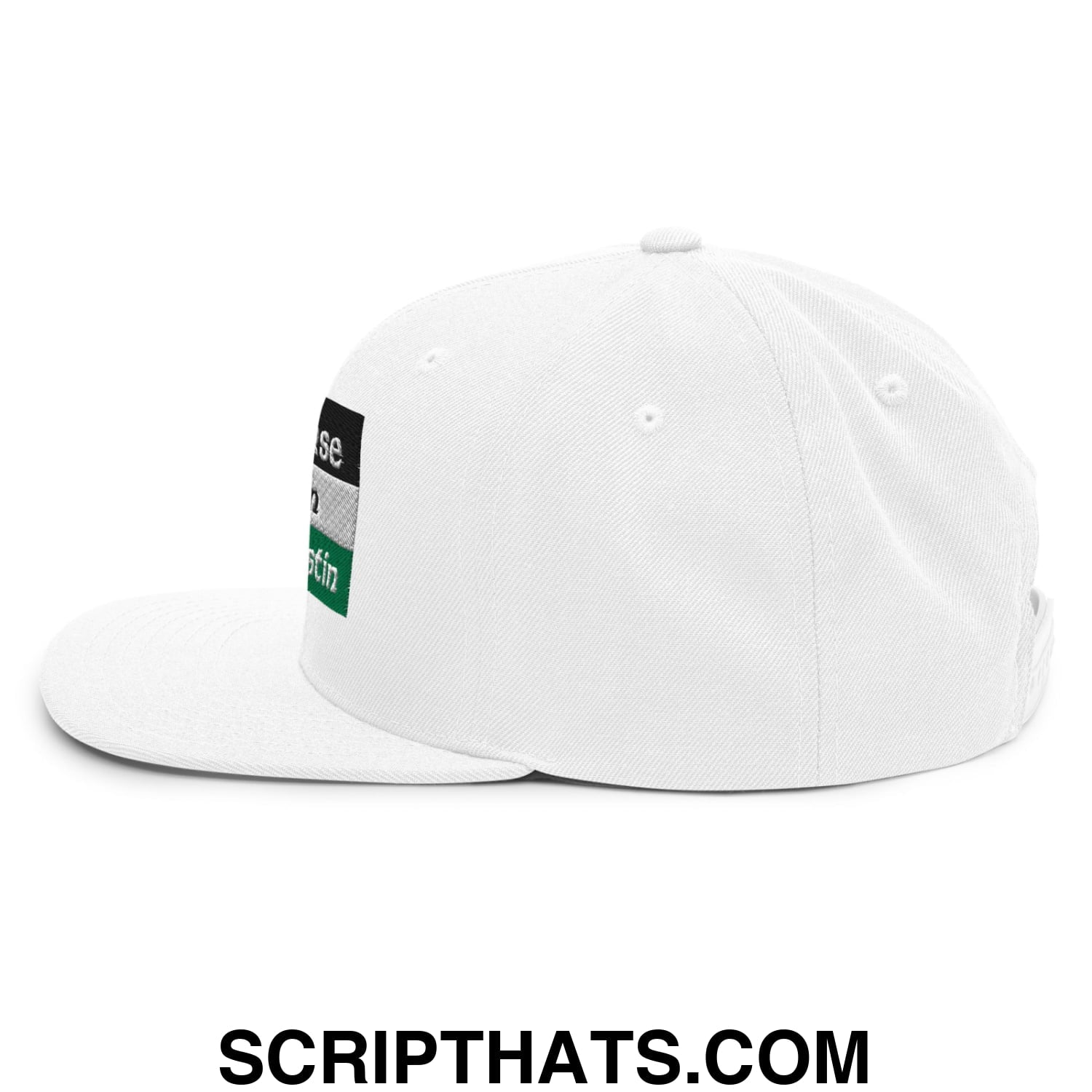 White Saoirse don Phalaistin embroidered flat bill snapback hat with black gray and green rectangular side patch