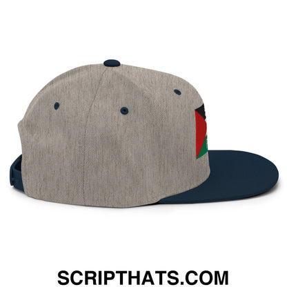 Saoirse don Phalaistin embroidered flat bill snapback hat in heather gray with navy brim and palestinian flag patch side view