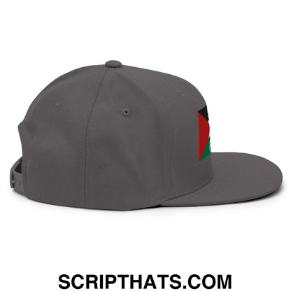 Gray flat bill snapback hat with embroidered palestinian flag on the side from saoirse don phalaistin collection