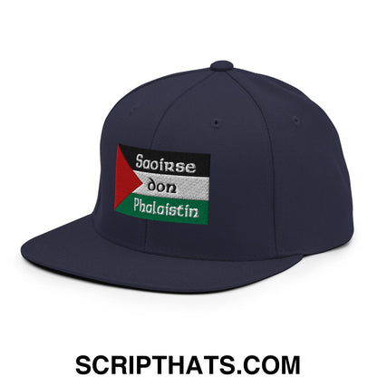Dark navy snapback cap with a flat bill featuring an embroidered palestinian flag patch and the text saoirse don phalaistin